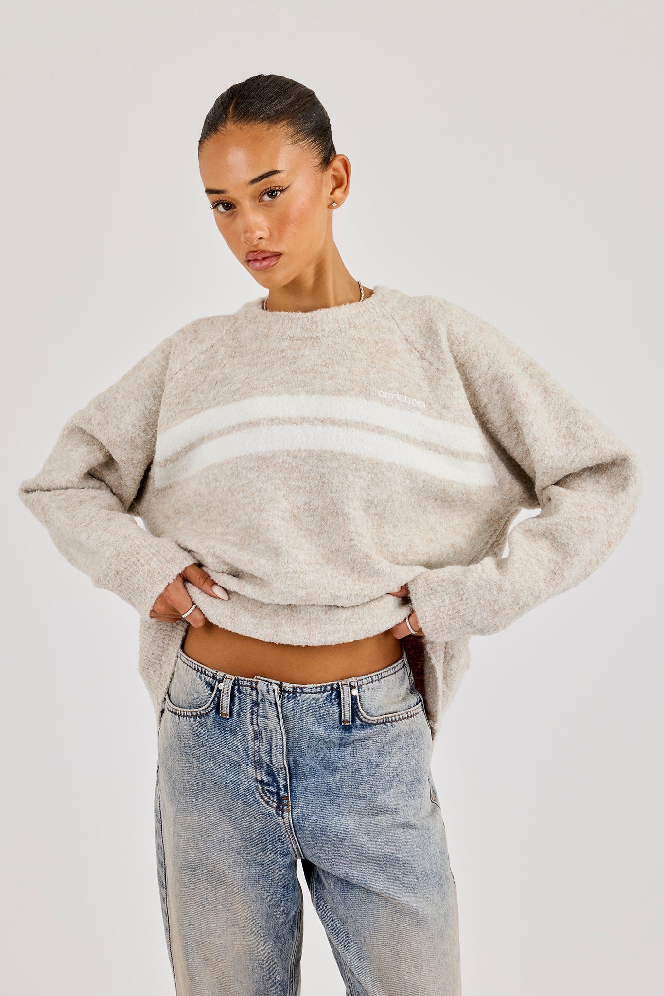 Oversized Knitted Stripe Sweater - Off White